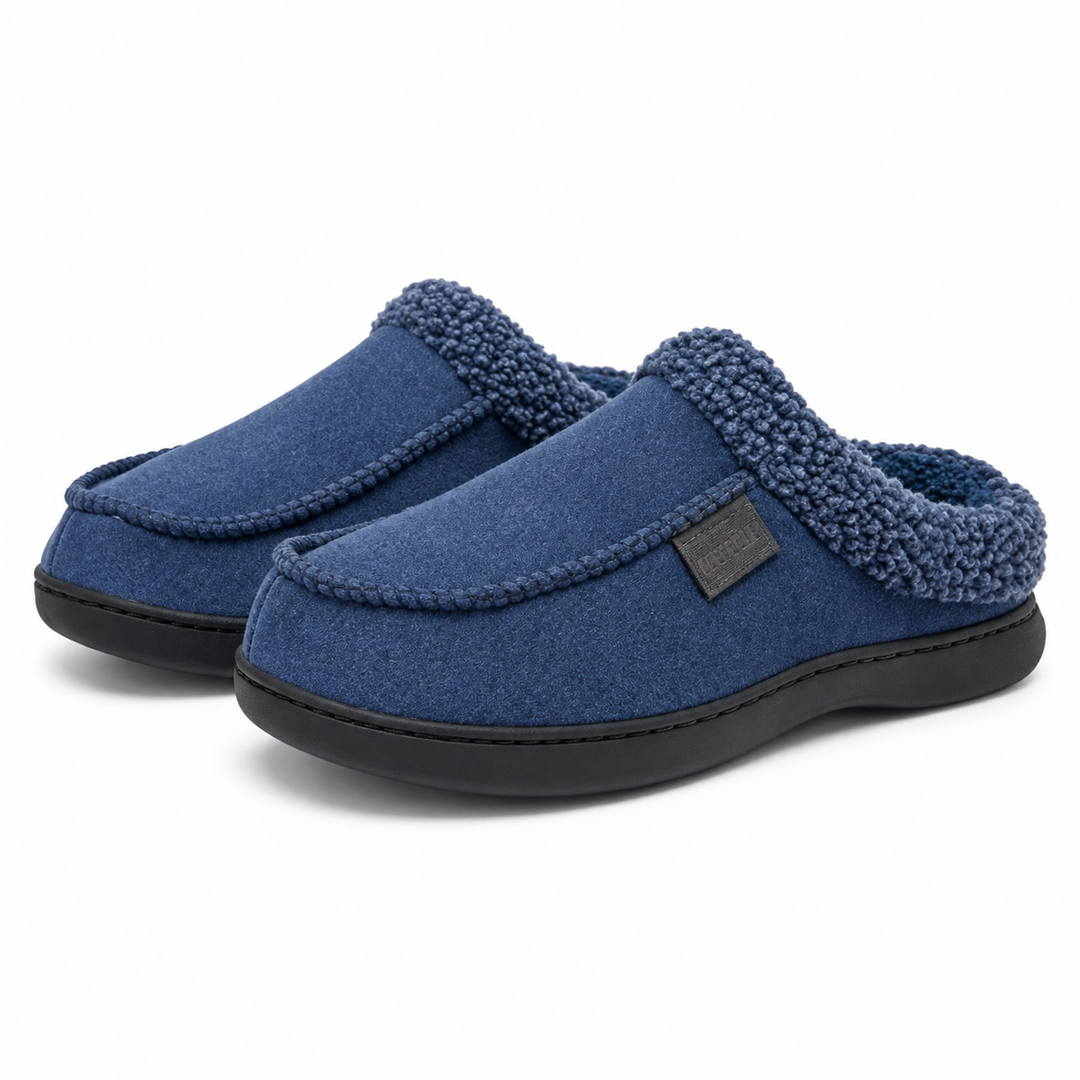 Men's mule slippers with a curly fleece collar and a thick cushioned sole in navy