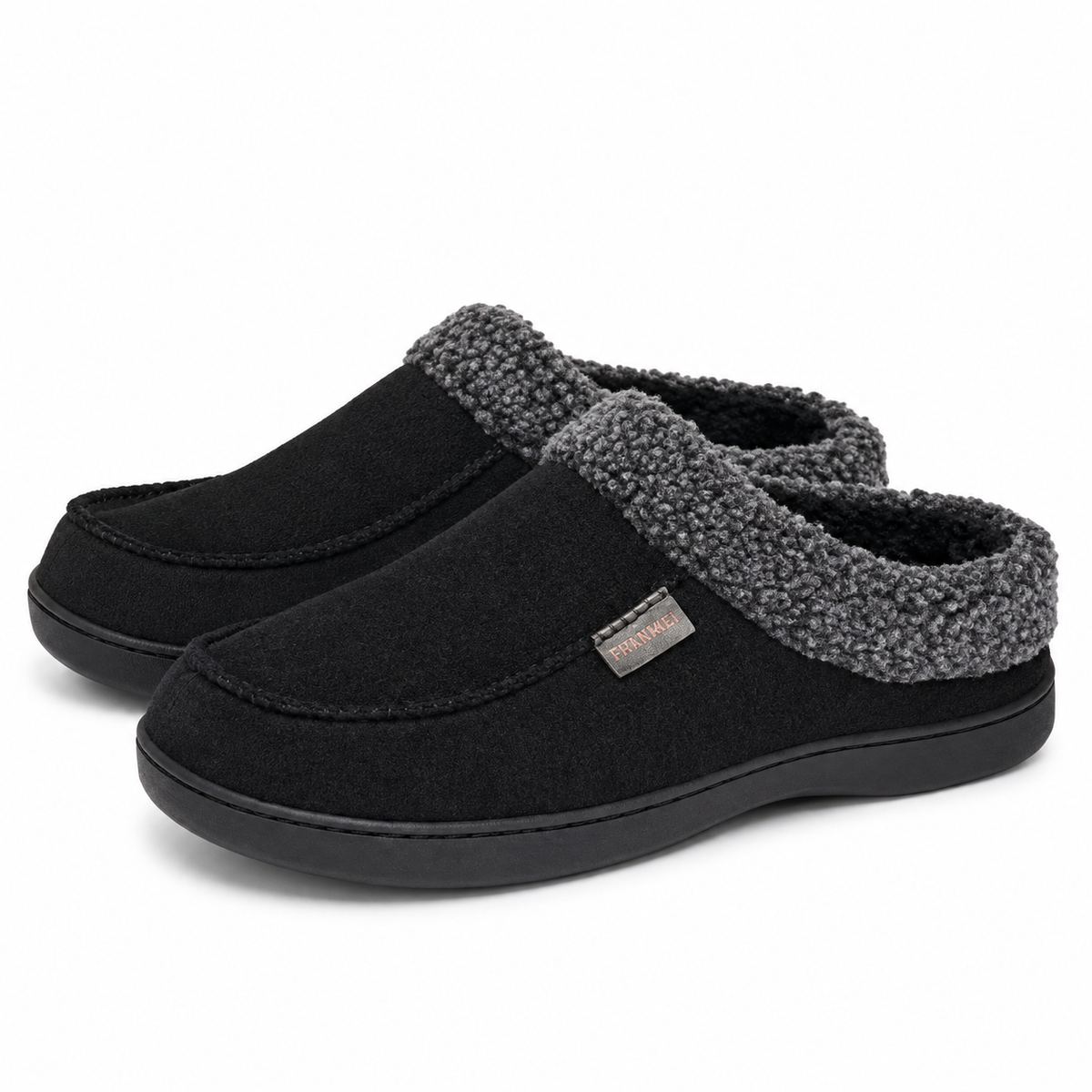 Men's mule slippers with a curly fleece collar and a thick cushioned sole in black