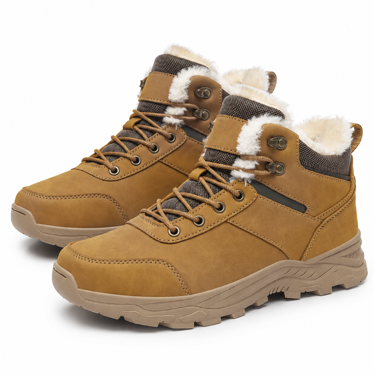 Winter hiking boots with a fleece collar, padded tongue and deep lug sole in tan