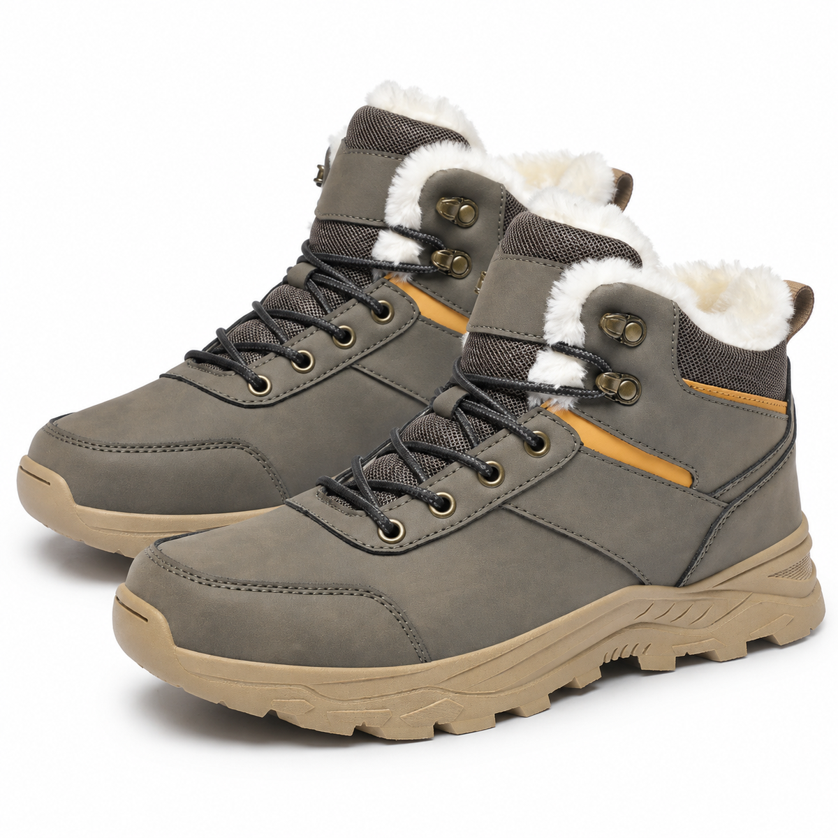 Winter hiking boots with a fleece collar, padded tongue and deep lug sole in grey green
