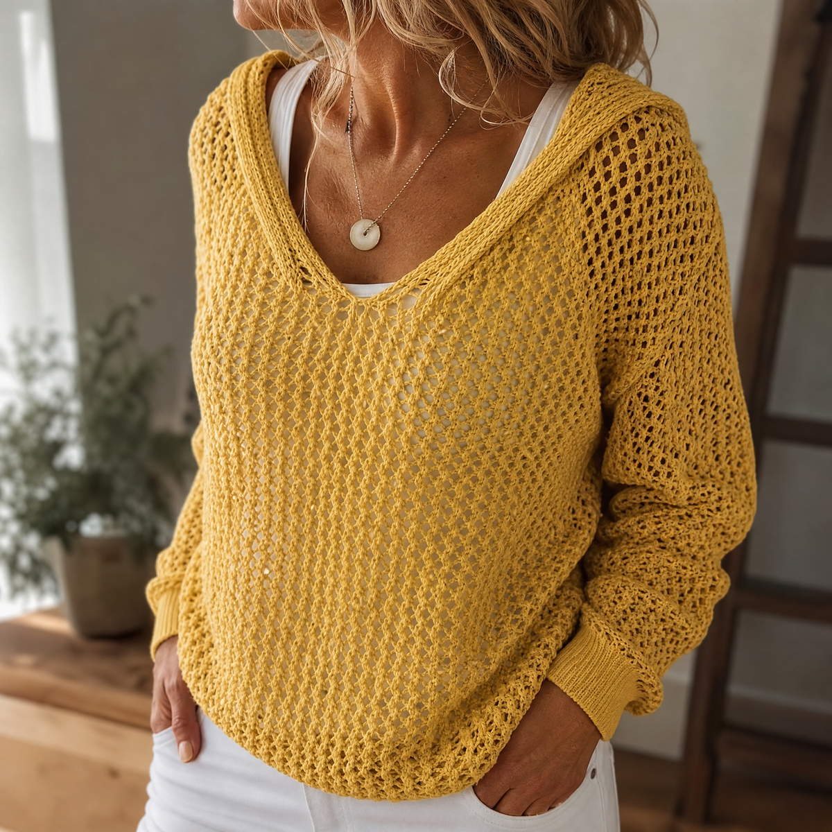 Women's open knit hooded jumper