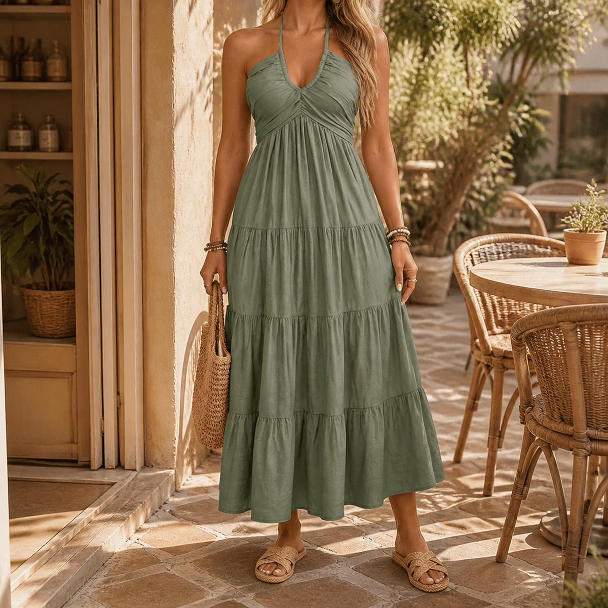 Women's halter tiered maxi dress - detail