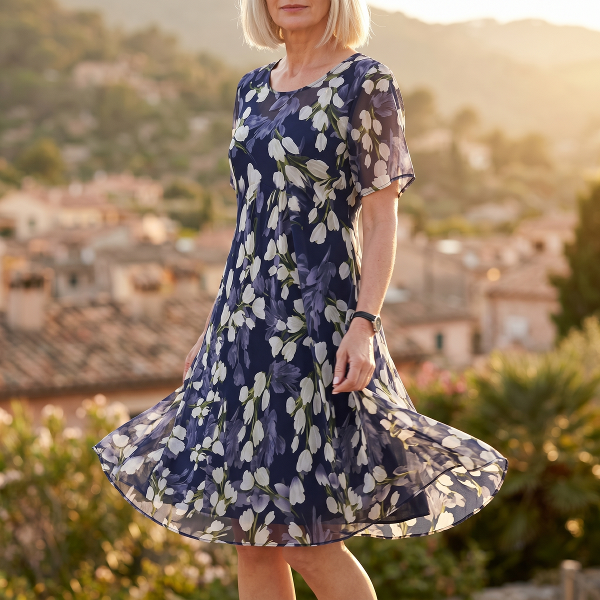 Women's navy floral chiffon dress - detail