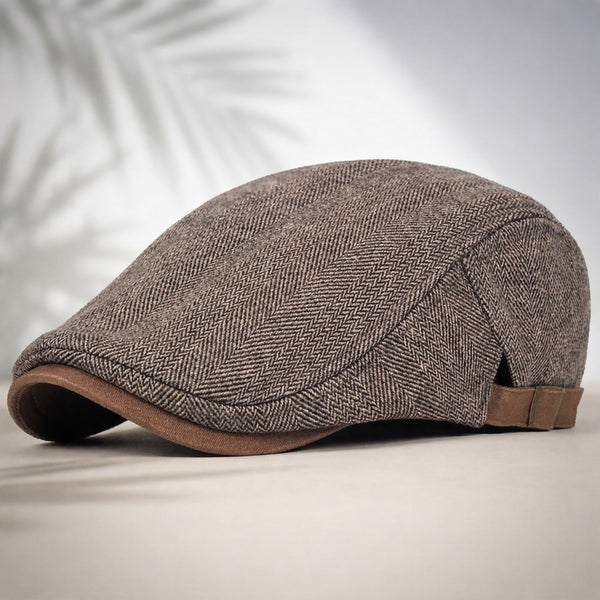 Herringbone flat cap with an adjustable back strap - brown