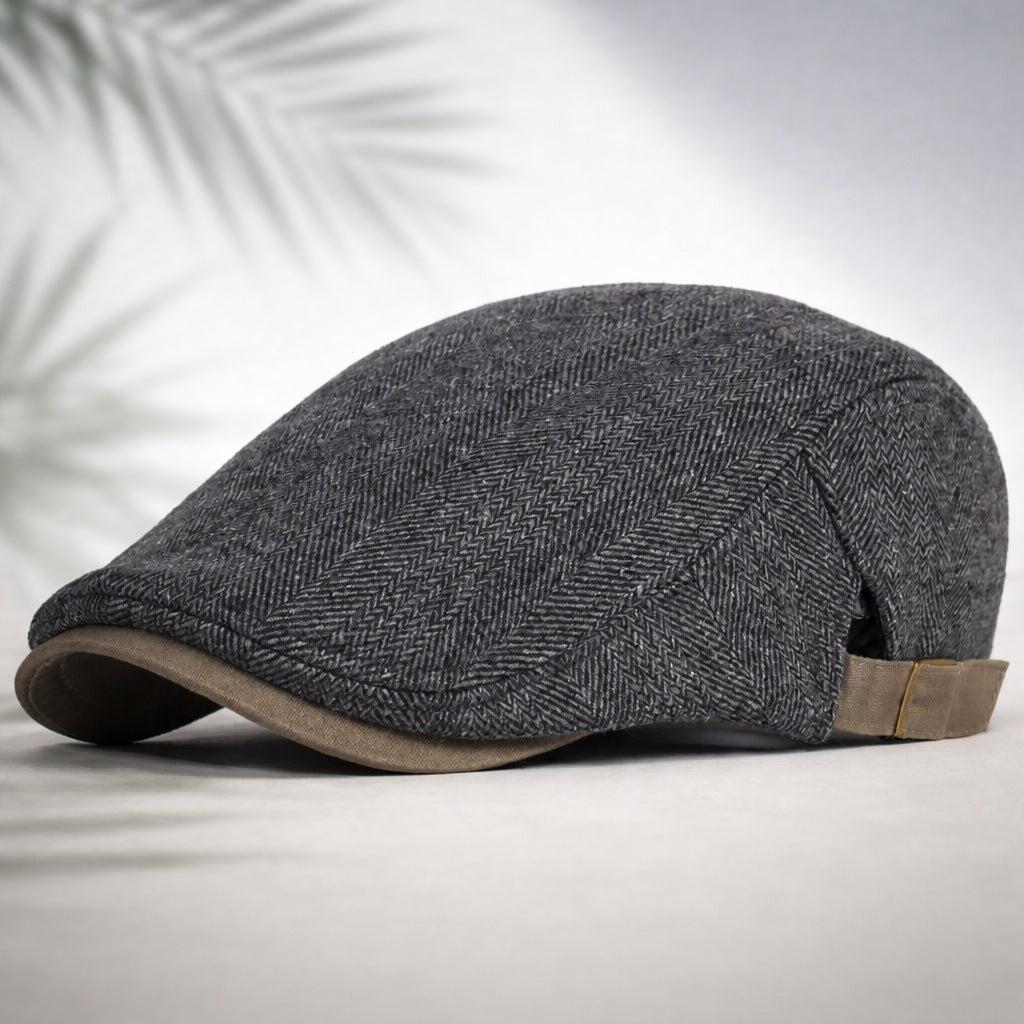 Herringbone flat cap with an adjustable back strap - charcoal and taupe