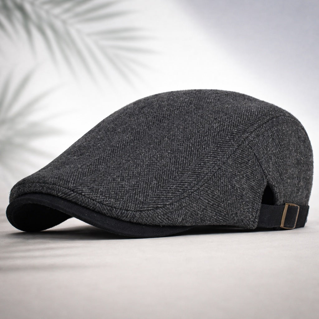 Herringbone flat cap with an adjustable back strap - charcoal and black