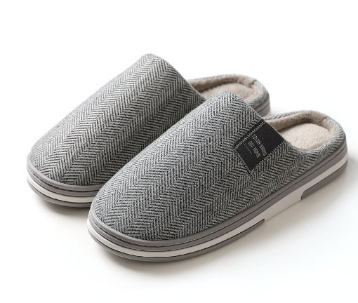 Slippers with a herringbone upper, open heel, plush lining and a white-striped sole - grey