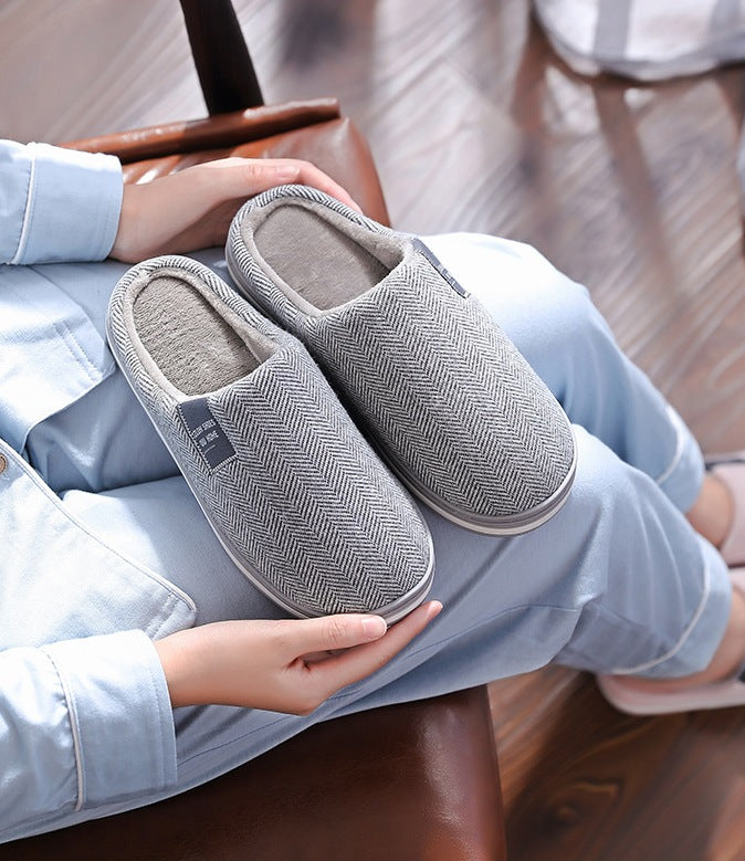 Slippers with a herringbone upper, open heel, plush lining and a white-striped sole - view 6