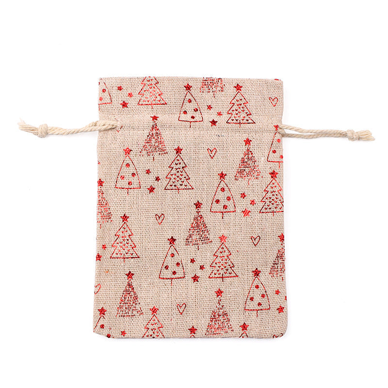Hessian-look Christmas gift bags with drawstring and red reindeer and snowflake print