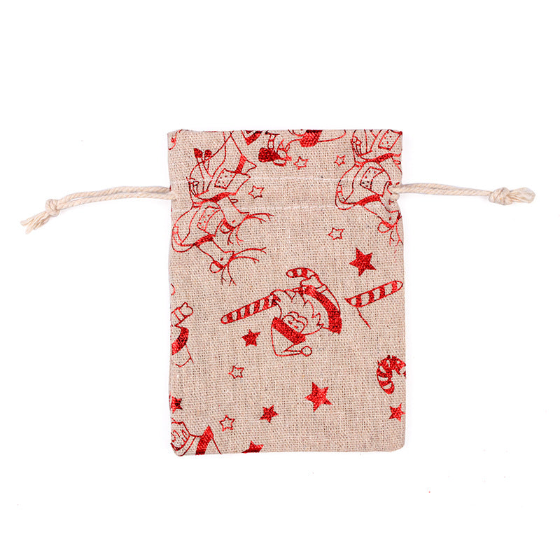 Hessian-look Christmas gift bags with drawstring and red reindeer and snowflake print