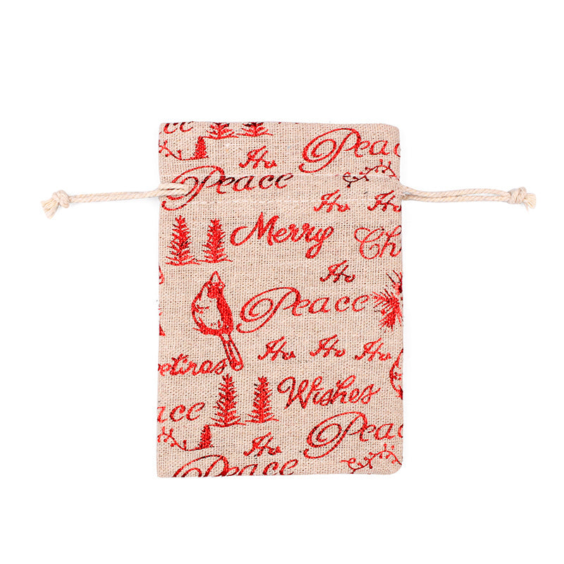 Hessian-look Christmas gift bags with drawstring and red reindeer and snowflake print