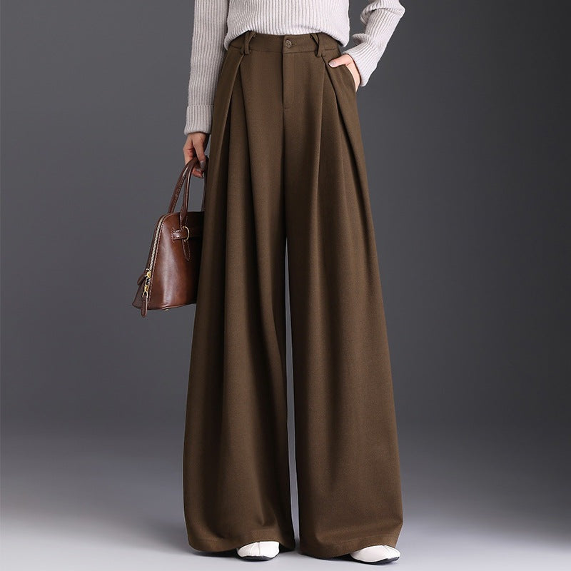 Women's high-waisted wide-leg trousers with deep pleats - olive brown