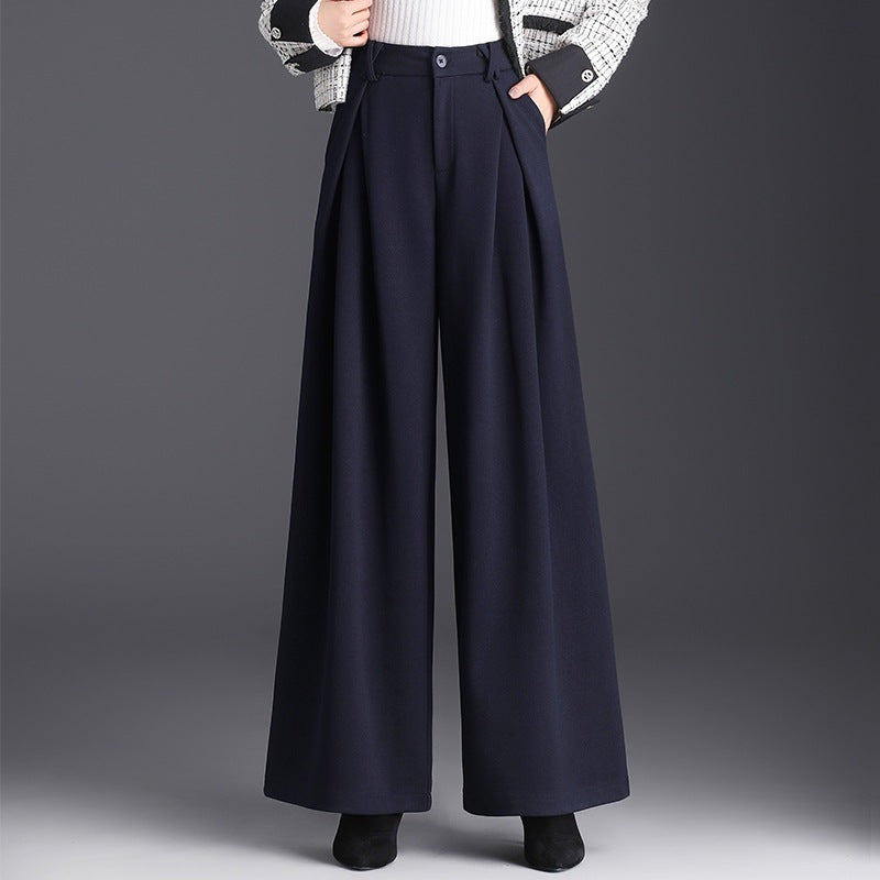 Women's high-waisted wide-leg trousers with deep pleats - navy