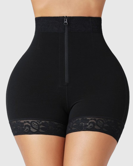 High-waisted shapewear shorts with zip front and lace leg trims - black