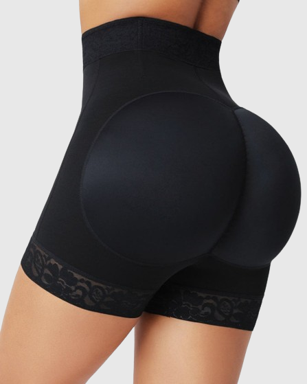 High-waisted shapewear shorts with zip front and lace leg trims