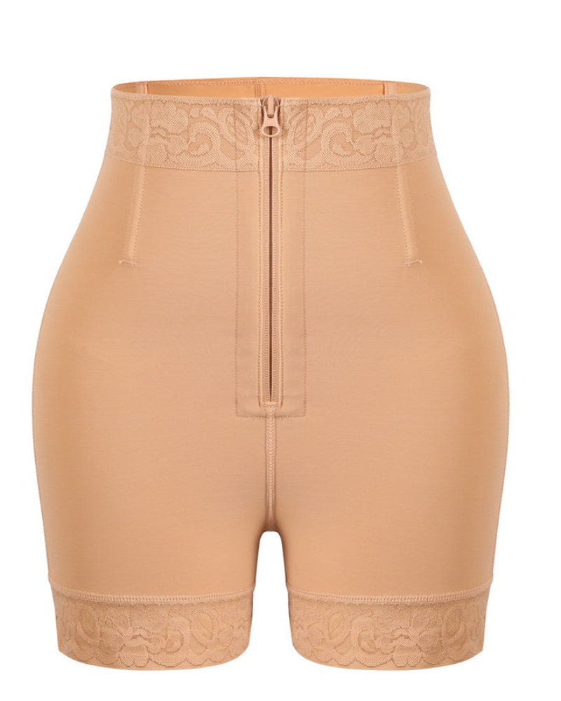 High-waisted shapewear shorts with zip front and lace leg trims