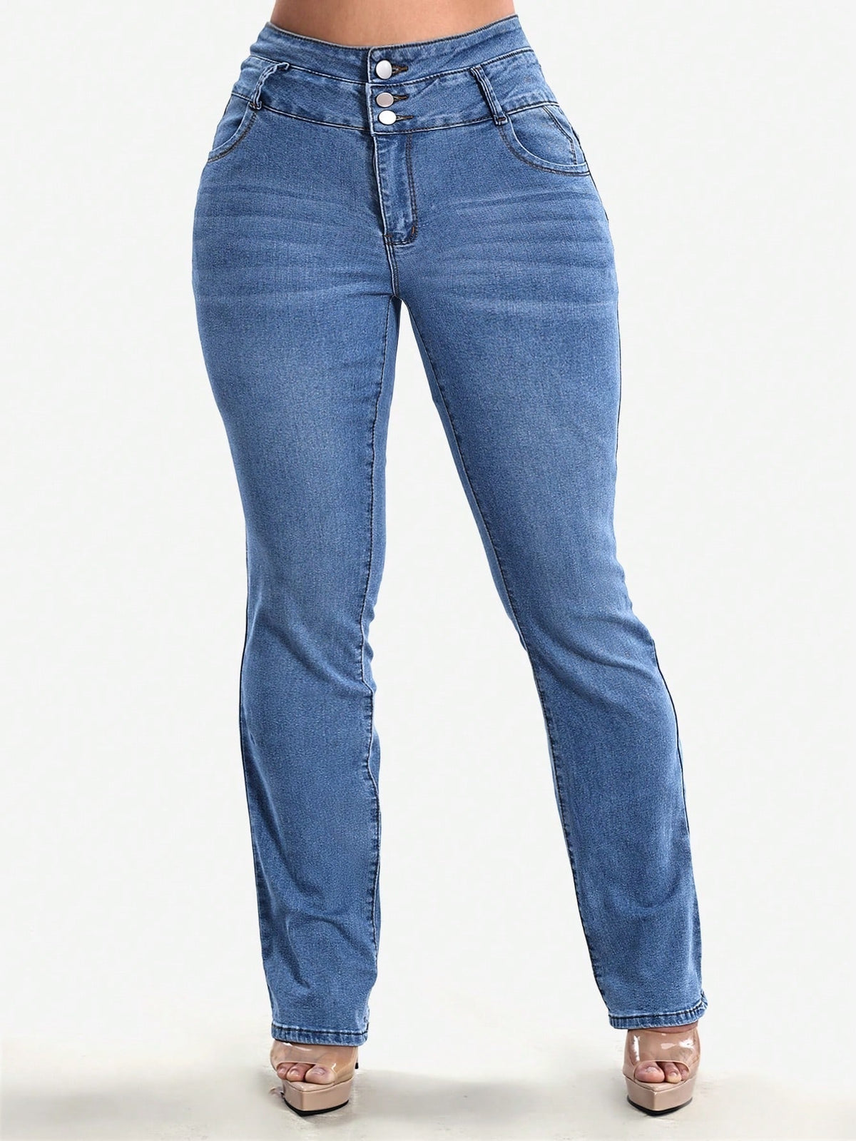 High waisted stretch jeans for women with three buttons and stitched back pockets - mid blue