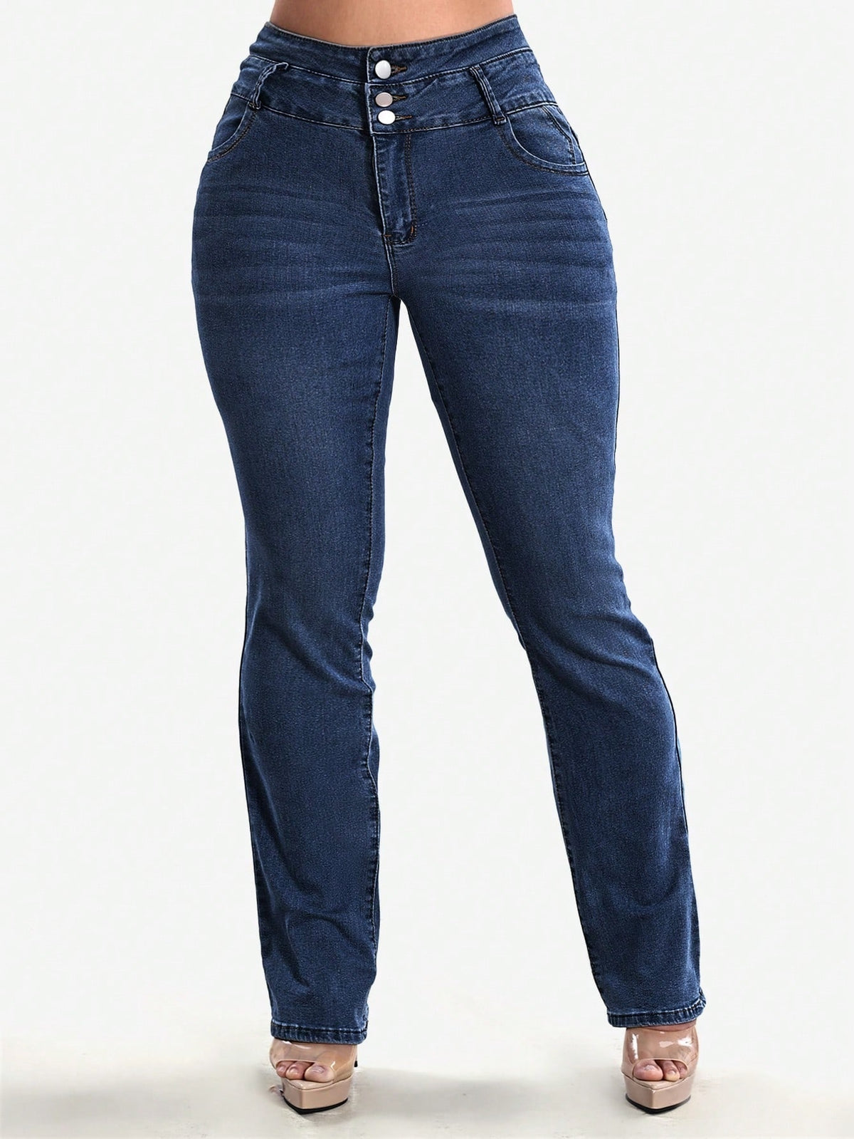 High waisted stretch jeans for women with three buttons and stitched back pockets - dark blue