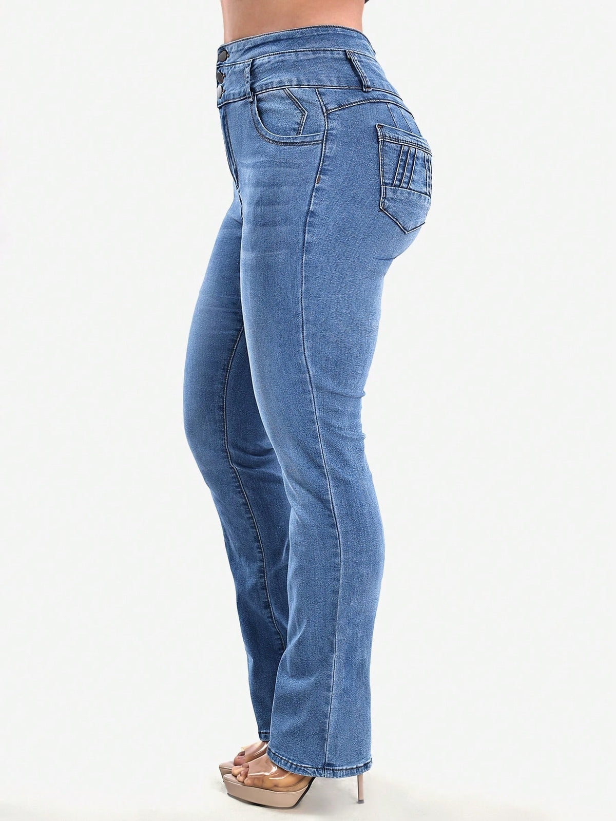High waisted stretch jeans for women with three buttons and stitched back pockets - view 6