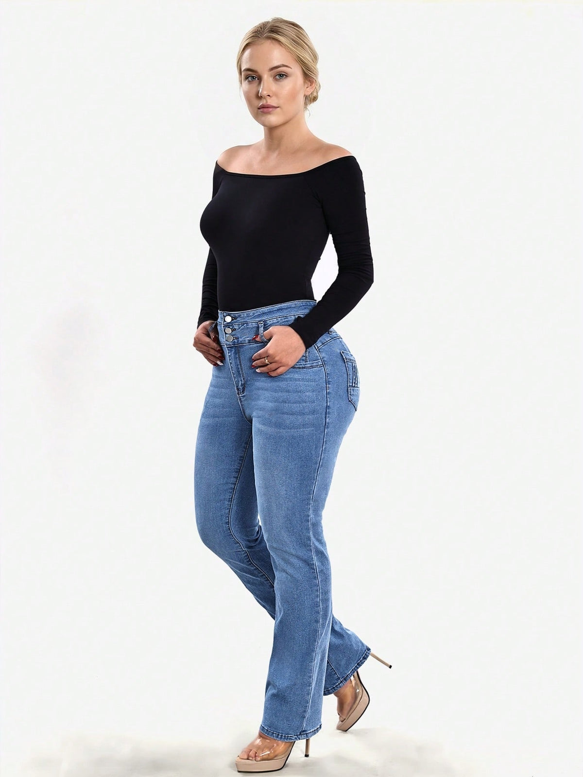 High waisted stretch jeans for women with three buttons and stitched back pockets - view 7