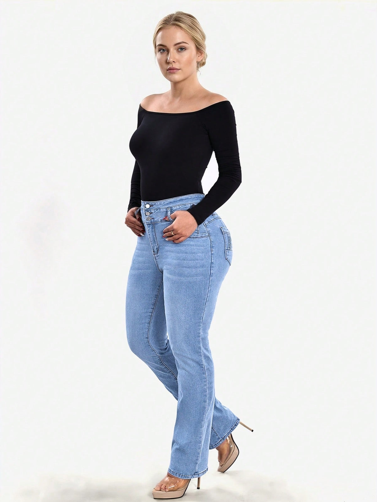 High waisted stretch jeans for women with three buttons and stitched back pockets - view 8
