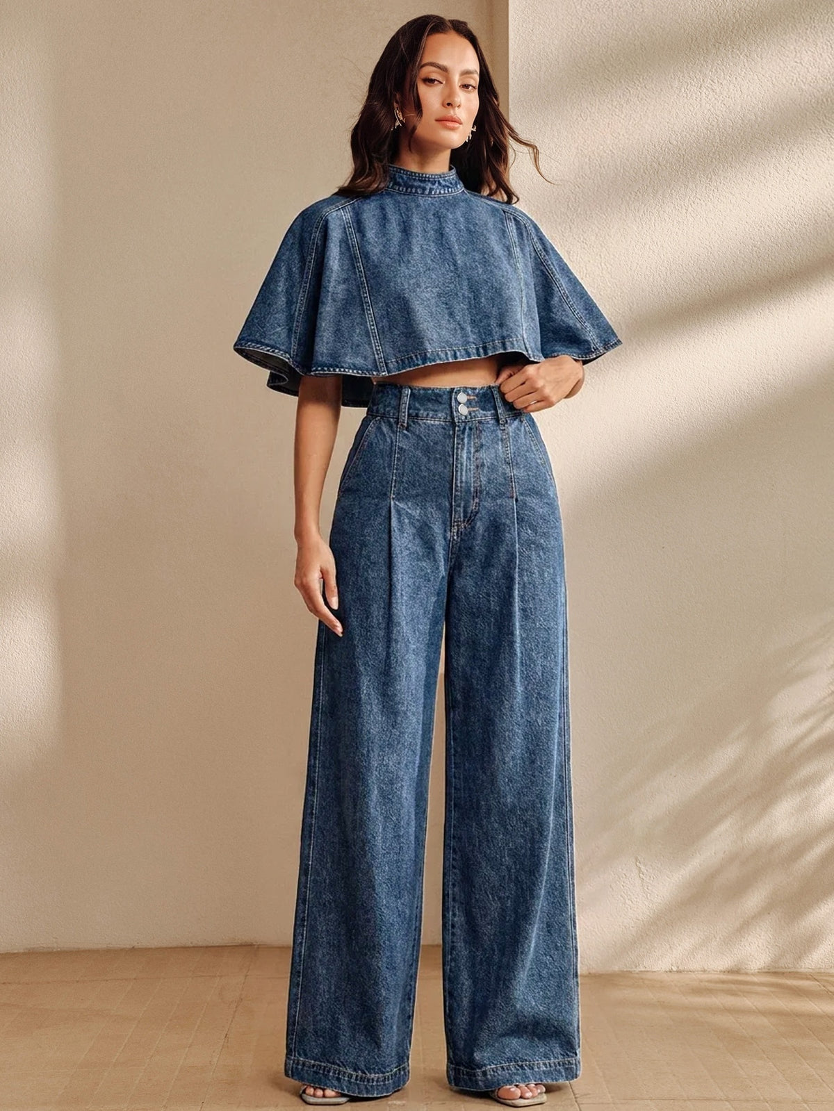 High waisted wide leg jeans for women with a double button and front seam - view 8