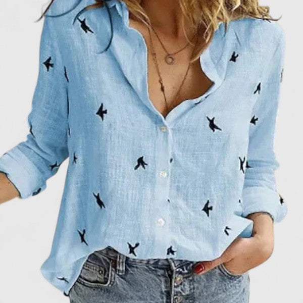 Women's Top - Linen Button Down Shirt with Lapel Collar in White 2