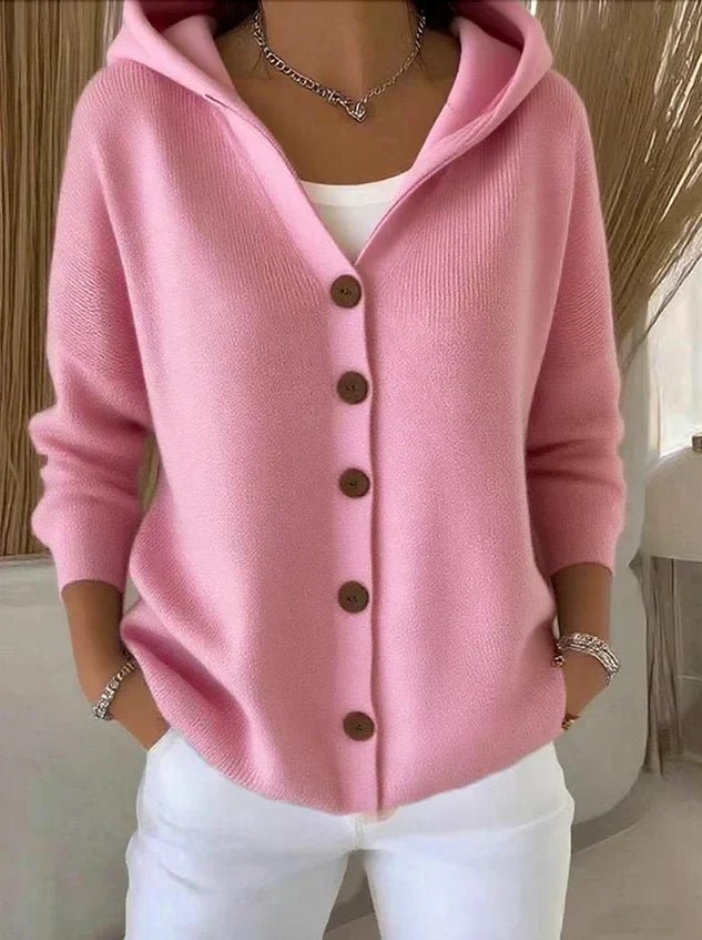 Women's fine knit hooded cardigan with large buttons - pink