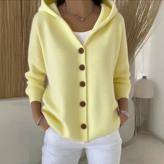 Women's fine knit hooded cardigan with large buttons - light yellow