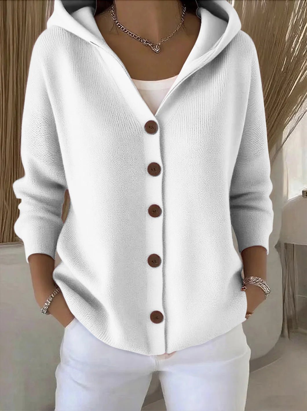 Women's fine knit hooded cardigan with large buttons - white