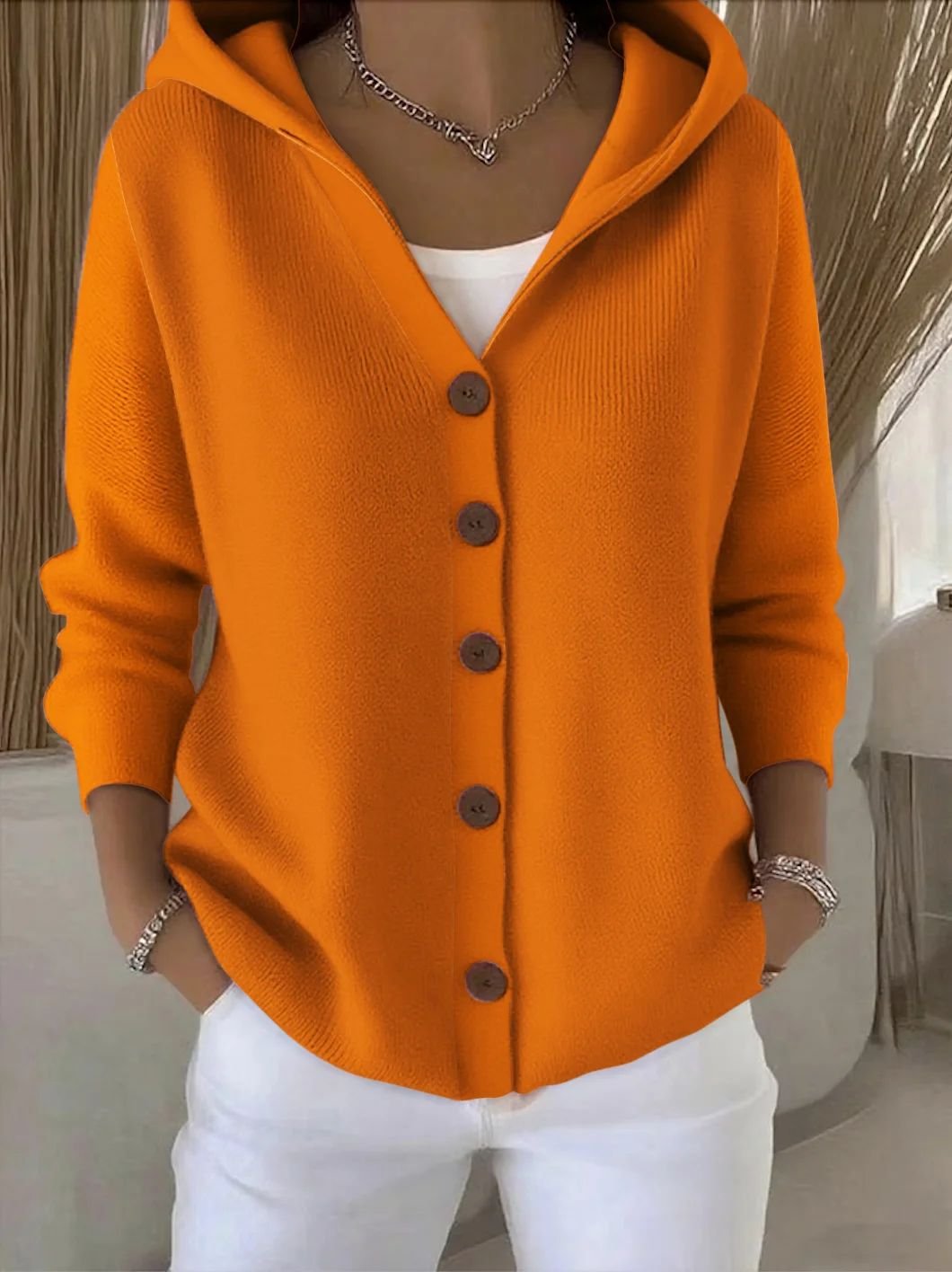 Women's fine knit hooded cardigan with large buttons - orange