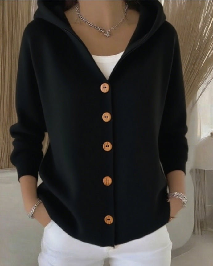 Women's fine knit hooded cardigan with large buttons - black