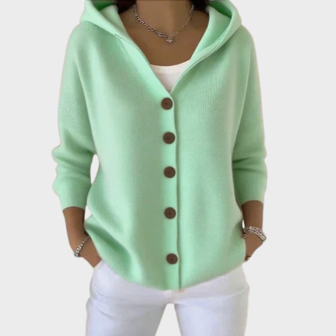 Women's fine knit hooded cardigan with large buttons