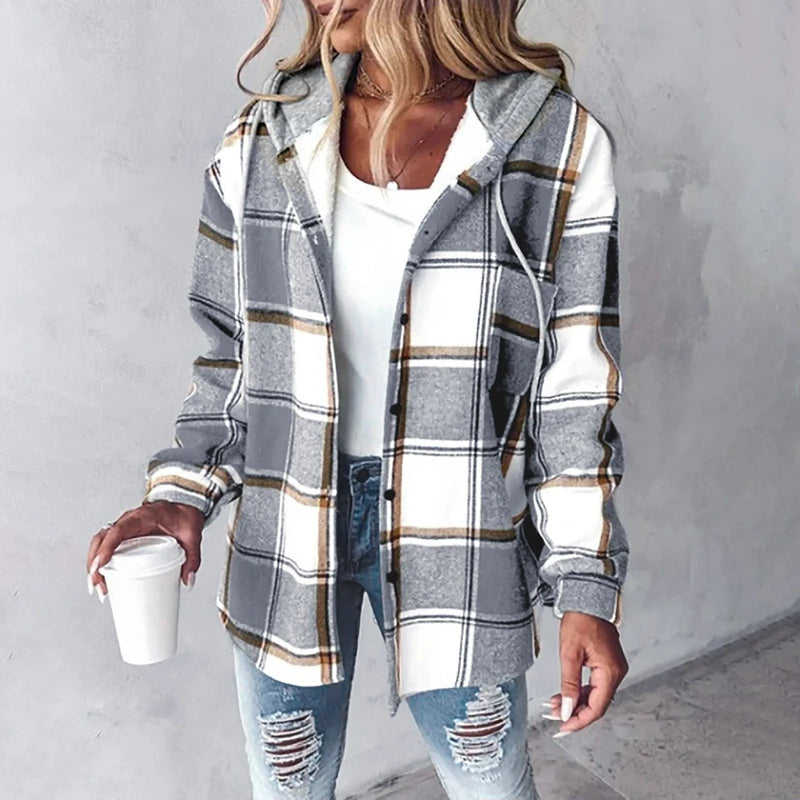 Women's hooded check shacket with a button front - grey check