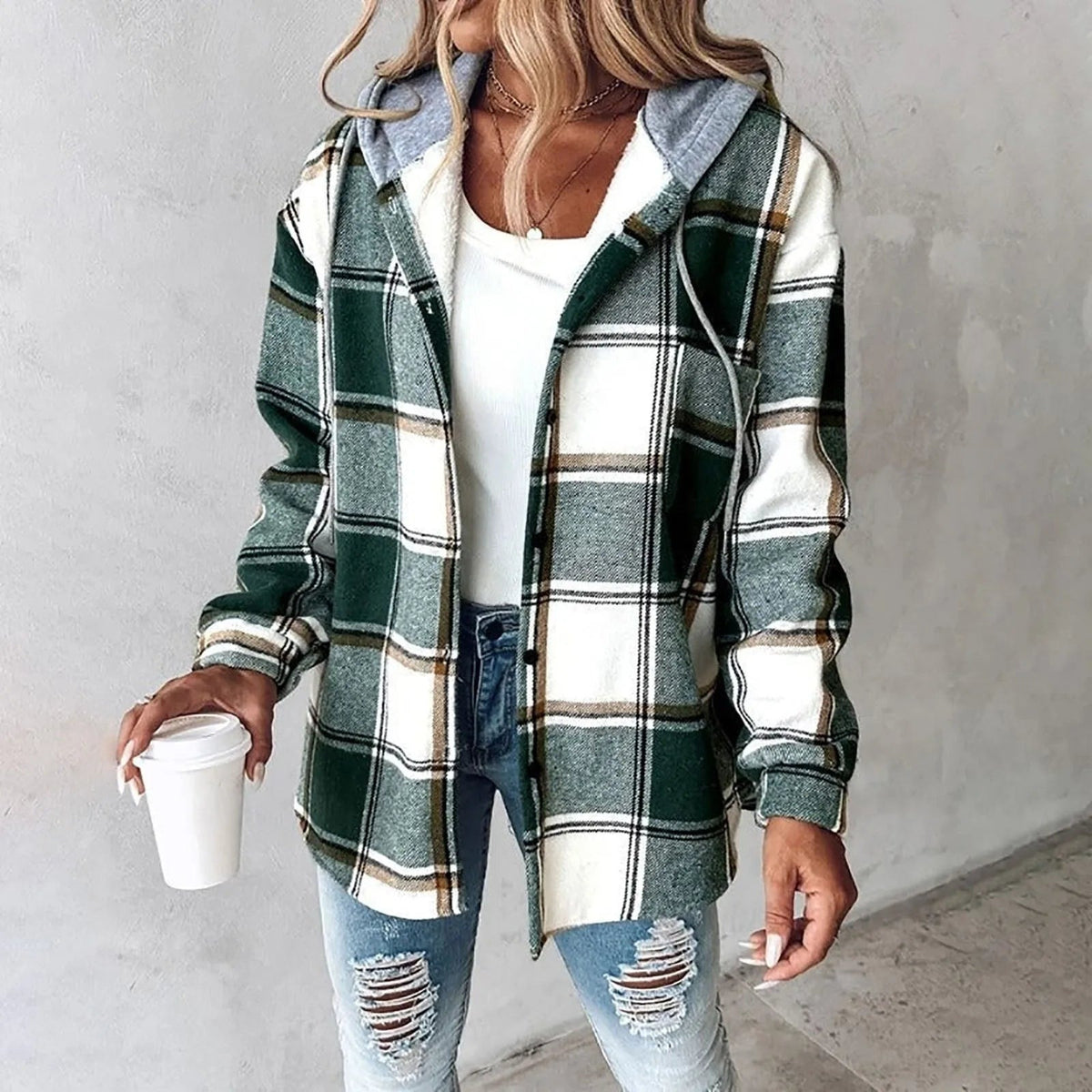 Women's hooded check shacket with a button front - green check