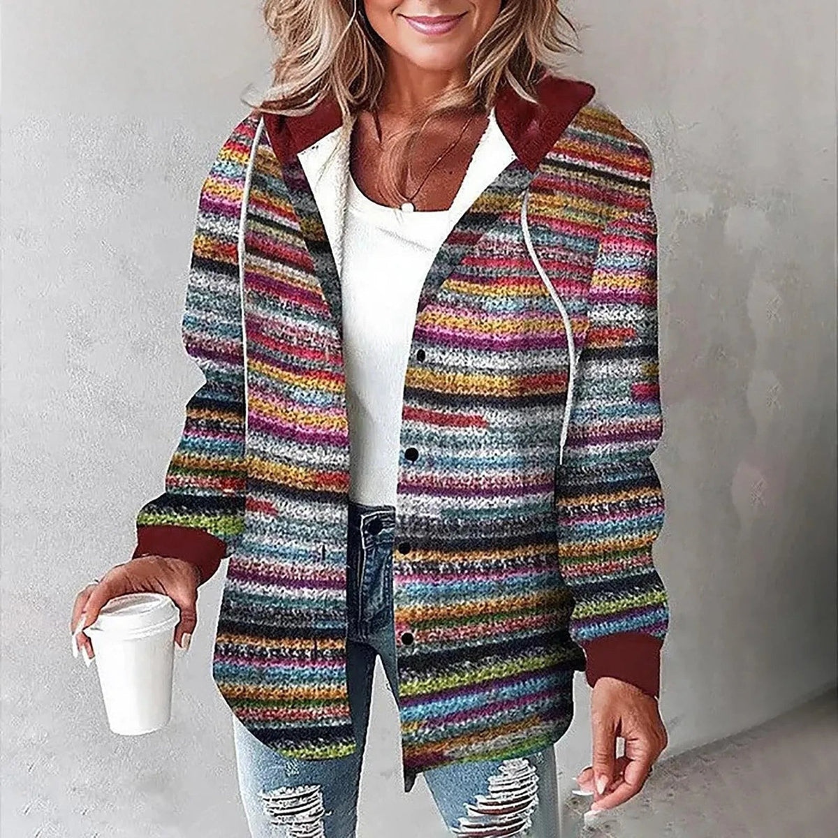 Women's hooded check shacket with a button front - multicolour stripe