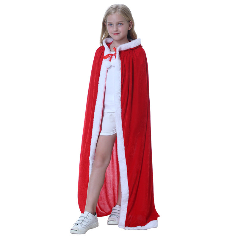 Children's red hooded Christmas cape with white plush trim