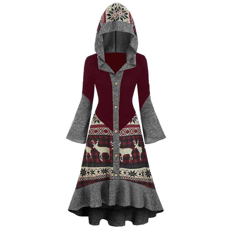 Women's hooded Christmas dress with a Fair Isle skirt and grey bell sleeves - burgundy fair isle