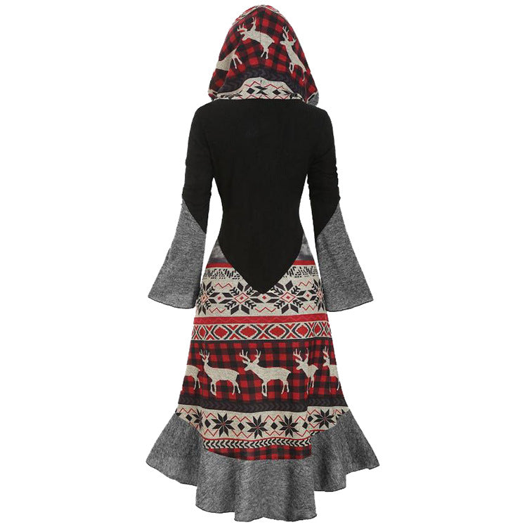 Women's hooded Christmas dress with a Fair Isle skirt and grey bell sleeves