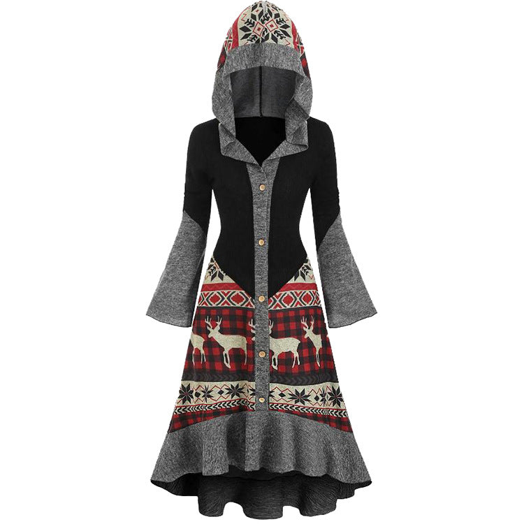Women's hooded Christmas dress with a Fair Isle skirt and grey bell sleeves - black fair isle