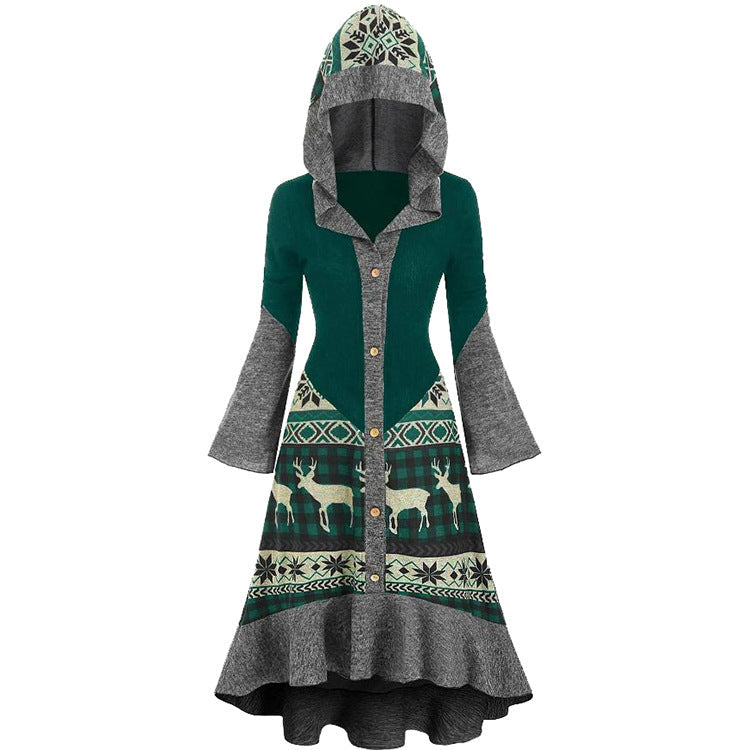 Women's hooded Christmas dress with a Fair Isle skirt and grey bell sleeves - green fair isle
