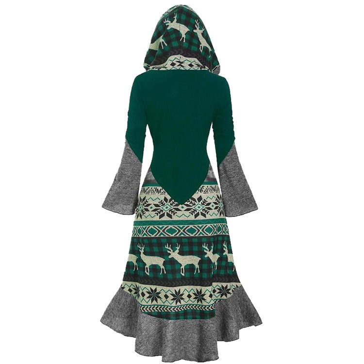 Women's hooded Christmas dress with a Fair Isle skirt and grey bell sleeves