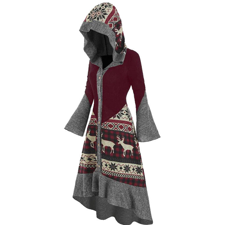 Women's hooded Christmas dress with a Fair Isle skirt and grey bell sleeves
