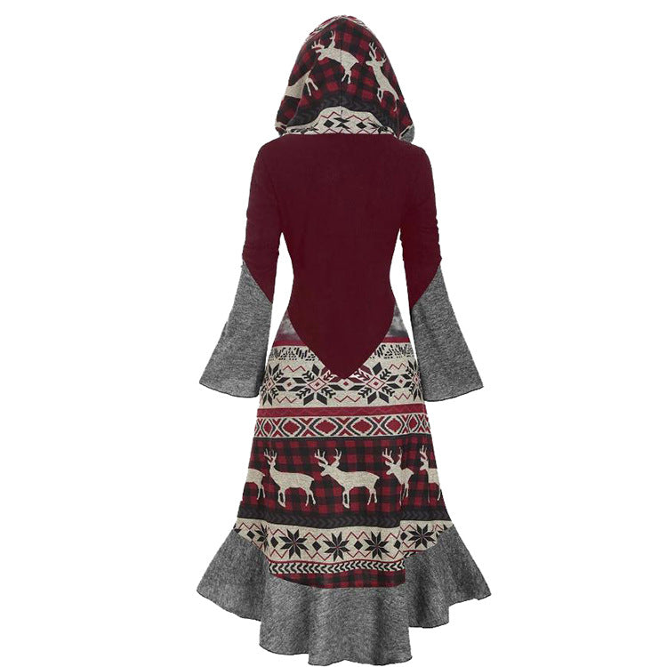Women's hooded Christmas dress with a Fair Isle skirt and grey bell sleeves
