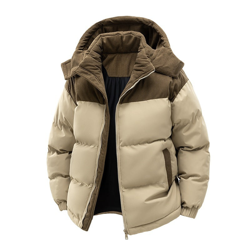Women's hooded puffer jacket with corduroy panels - beige
