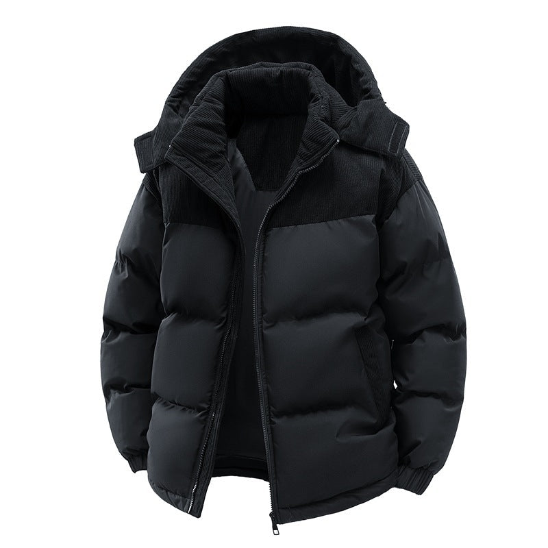 Women's hooded puffer jacket with corduroy panels - black