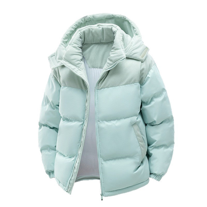 Women's hooded puffer jacket with corduroy panels - ice blue