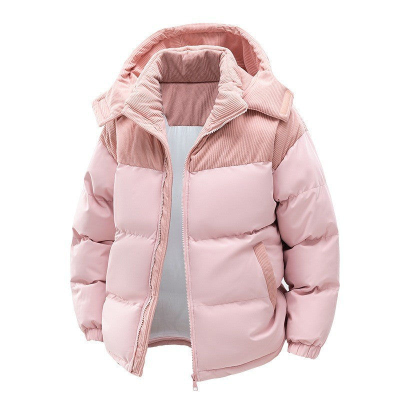 Women's hooded puffer jacket with corduroy panels - pink