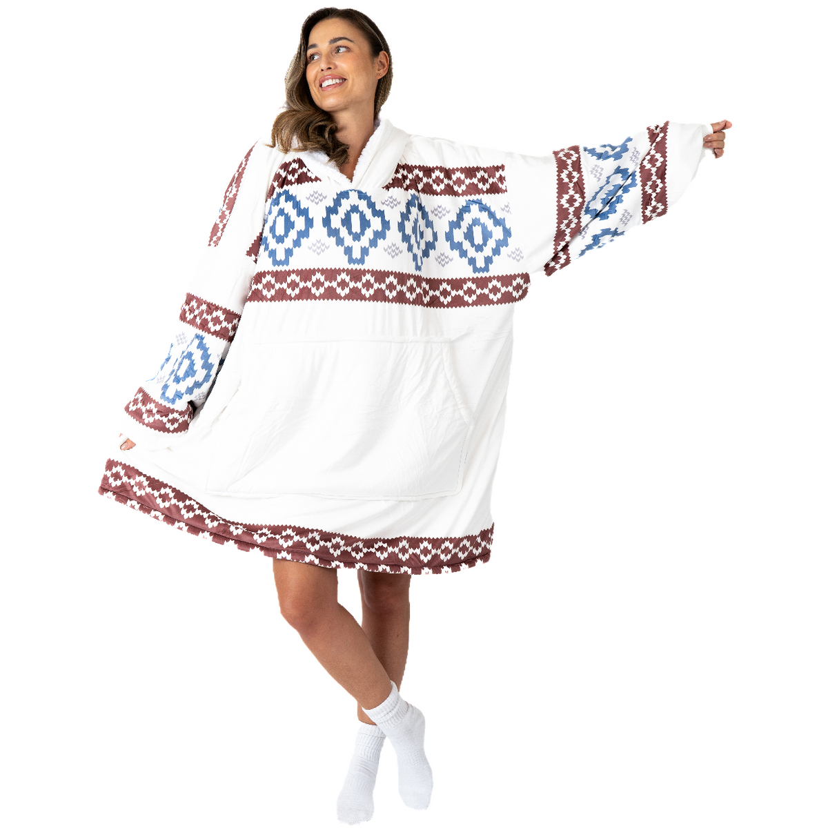 White Aztec Blanket Hoodie with a Sherpa Lining