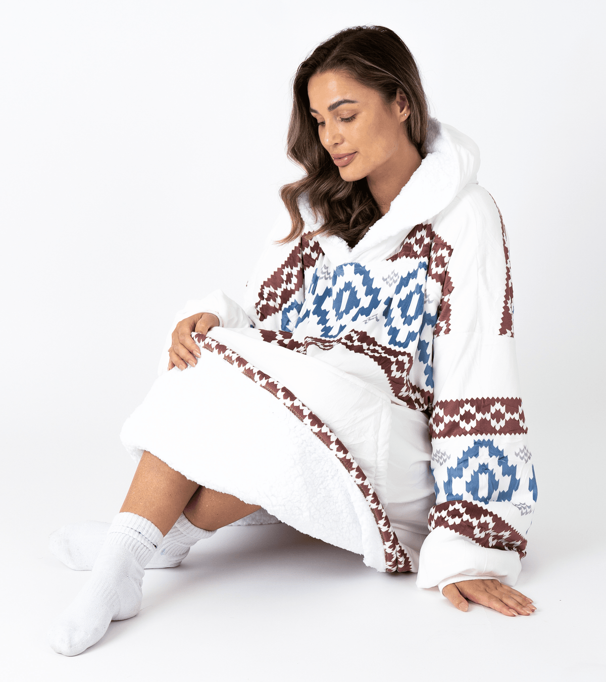 White Aztec Blanket Hoodie with a Sherpa Lining